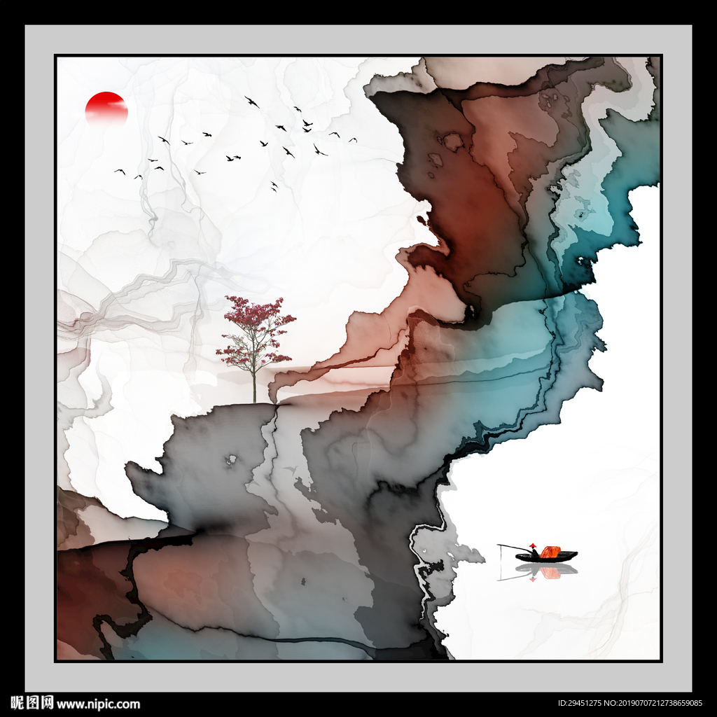 中式方框线条意境画 TIF分层