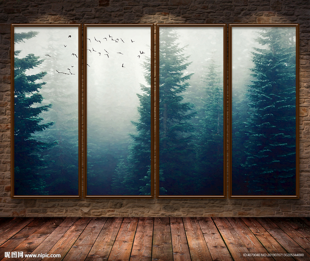 北欧松林云雾飞鸟手绘电视背景墙