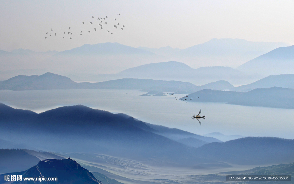 蓝色意境山水画 TIF分层画