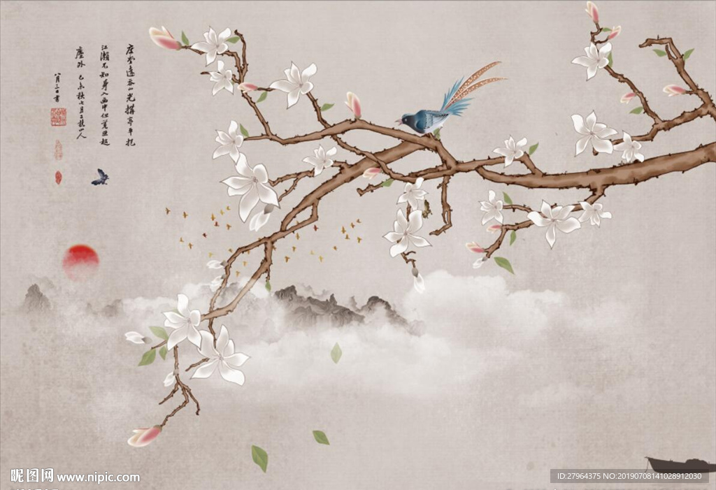 新中式玉兰花工笔花鸟装饰画背景