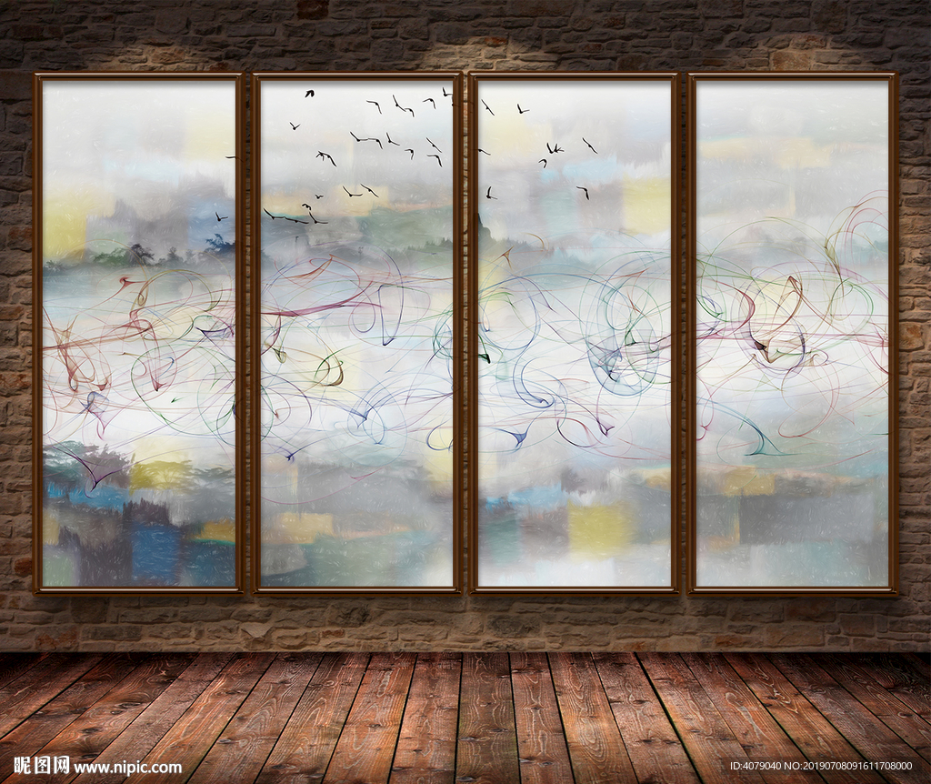 新中式抽象水墨画烟雾飞鸟电视背