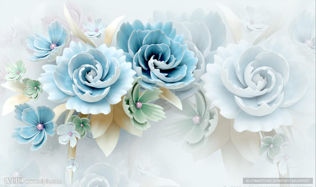 浮雕花朵蓝色清新电视背景墙