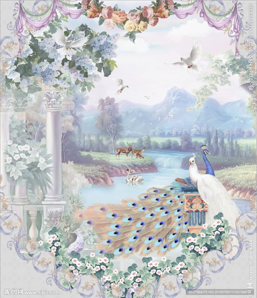 手绘油画孔雀唯美田园风景背景墙