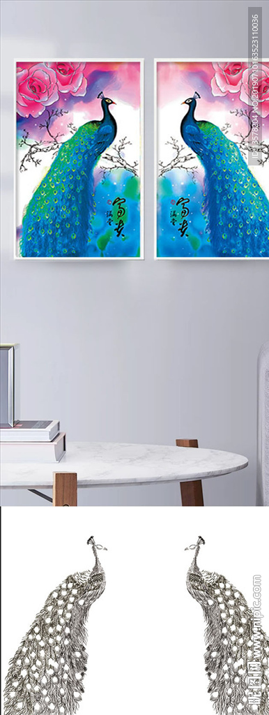 欧式画芯蓝孔雀玄关过道背景墙