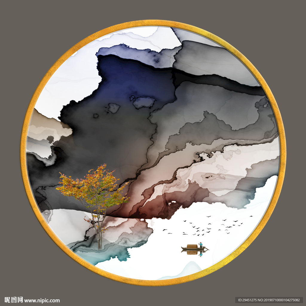 烟雾现代线条墙画 TIF分层画