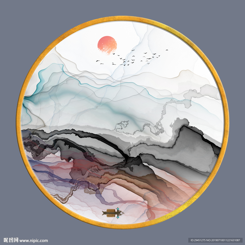 新中式抽象线条墙画 TIF分层