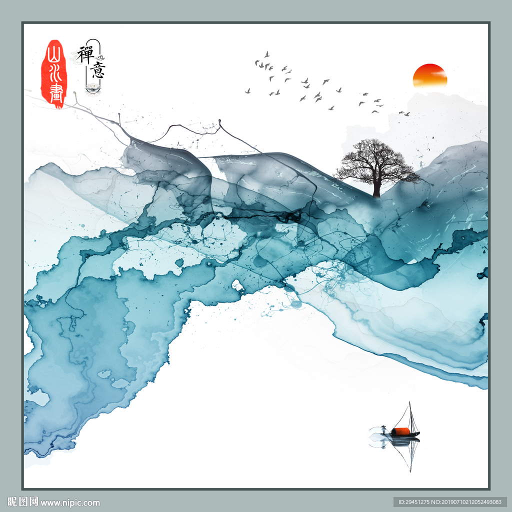 中国风禅意装饰墙画 TIF分层