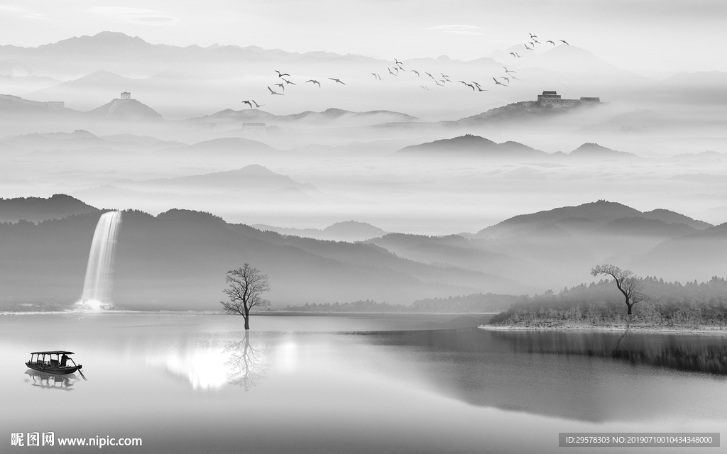 灰色水墨山水画 TIF分层