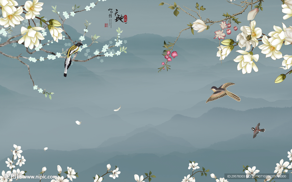 花鸟水墨山水画 TIF分层