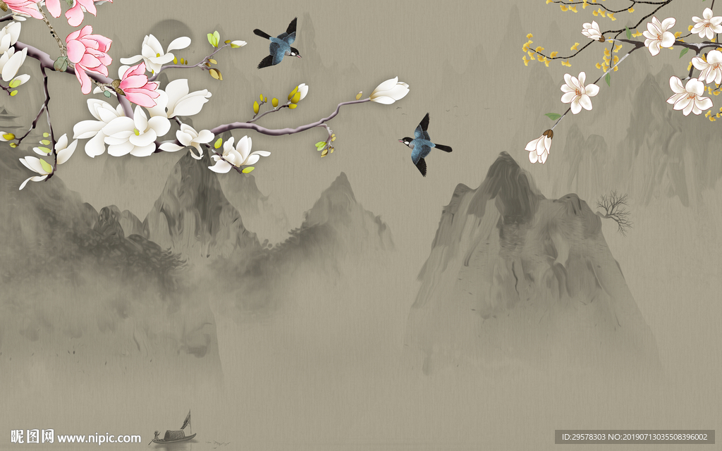 中国风花鸟山水画 TIF分层