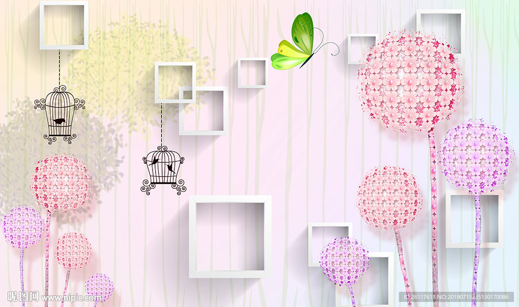 梦幻花卉蝴蝶简约框框电视背景墙