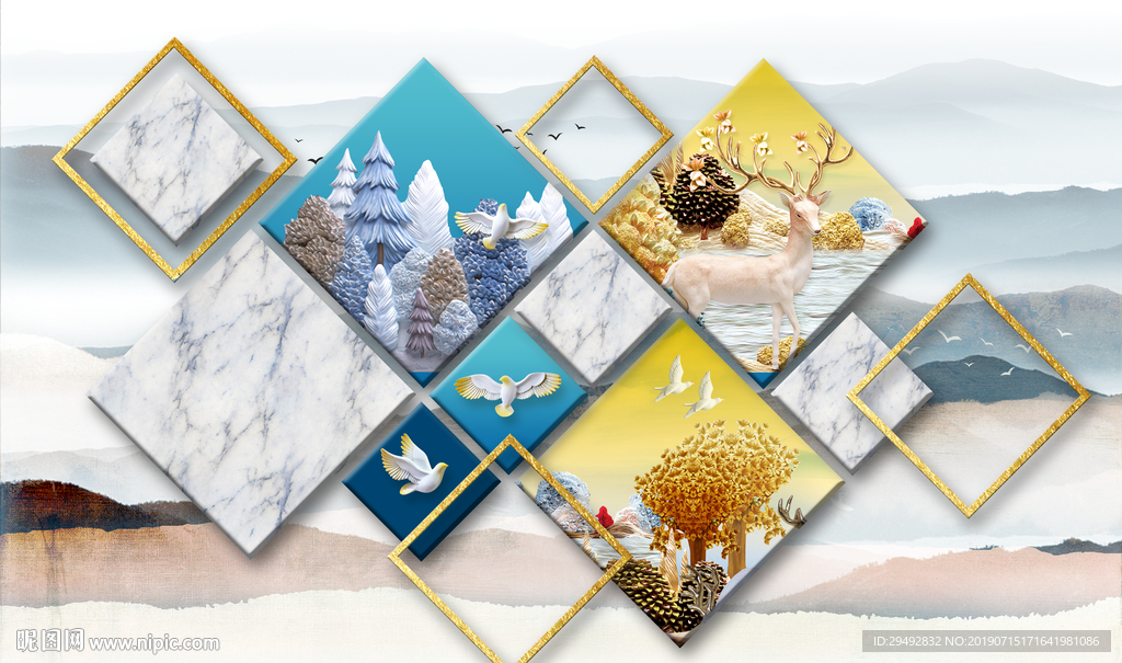 立体方块麋鹿欧式背景墙