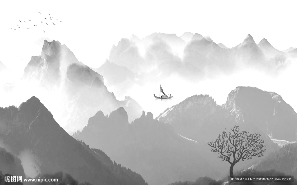 新中式新品水墨壁画 TIF分层