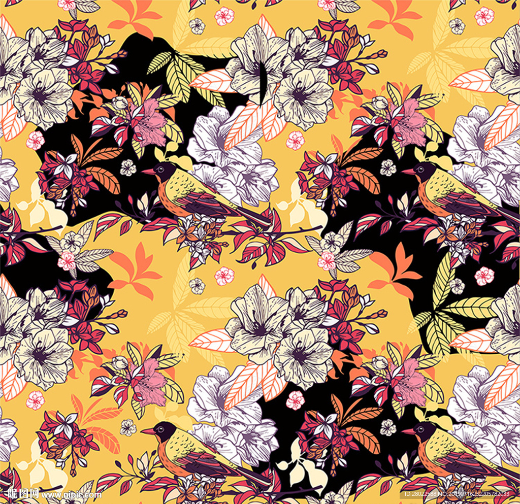 手绘花鸟服装印花图案花鸟素材