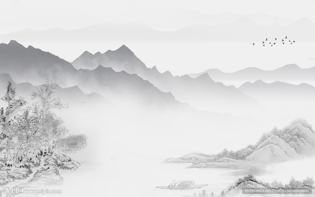 豪华灰色山水壁画 TIF分层