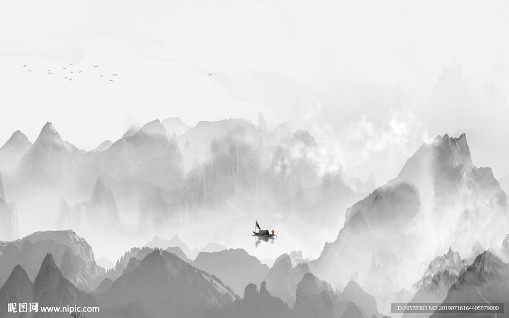 中式灰色山水壁画 TIF分层