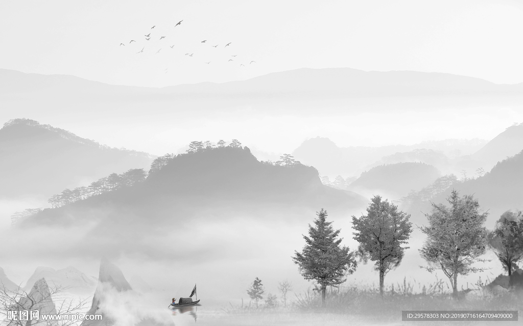 新中式灰色山水壁画 TIF分层