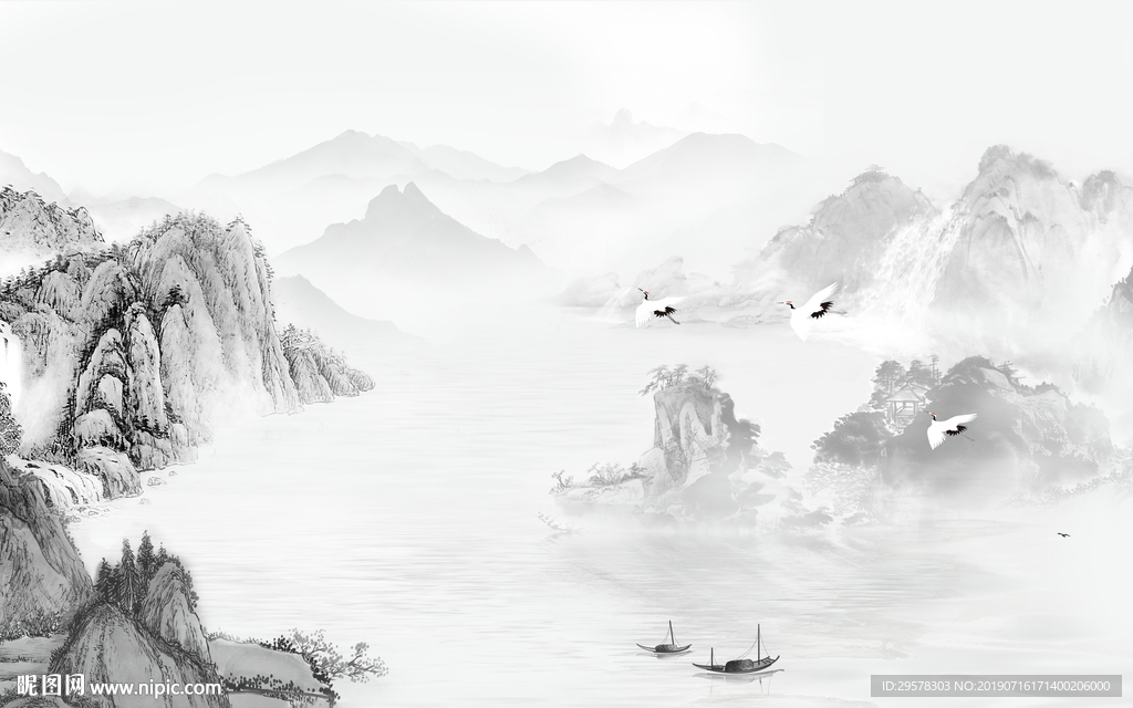 中国风灰色意境山水 TIF分层