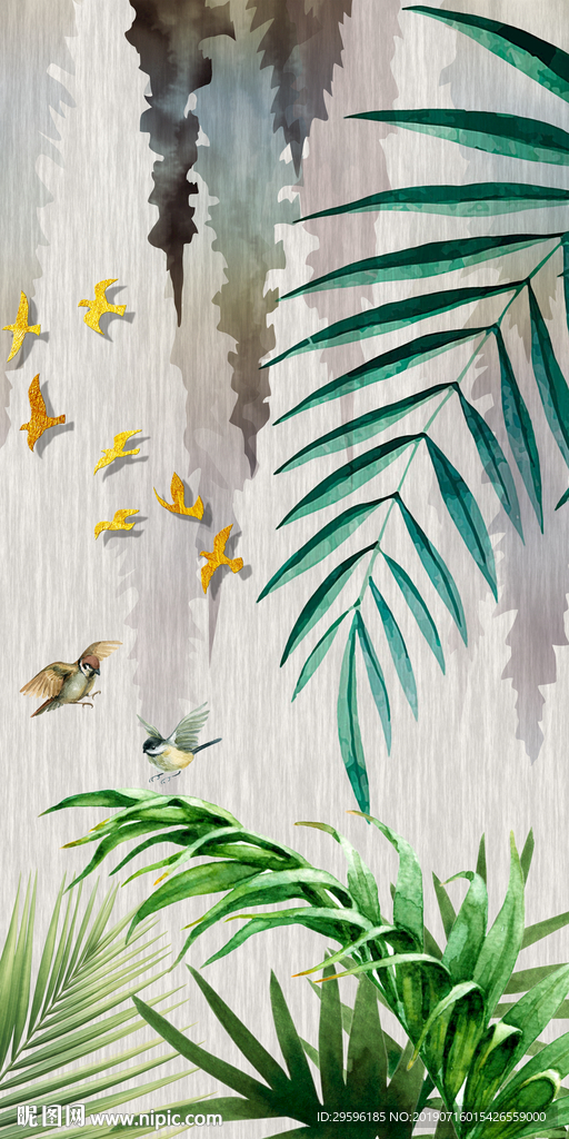 手绘叶子玄关画 TIF分层画