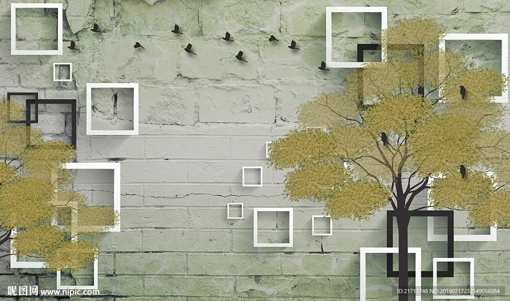 简约小树小鸟框框电视背景墙