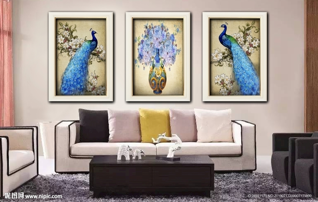 浮雕孔雀 孔雀三联画 客厅装饰