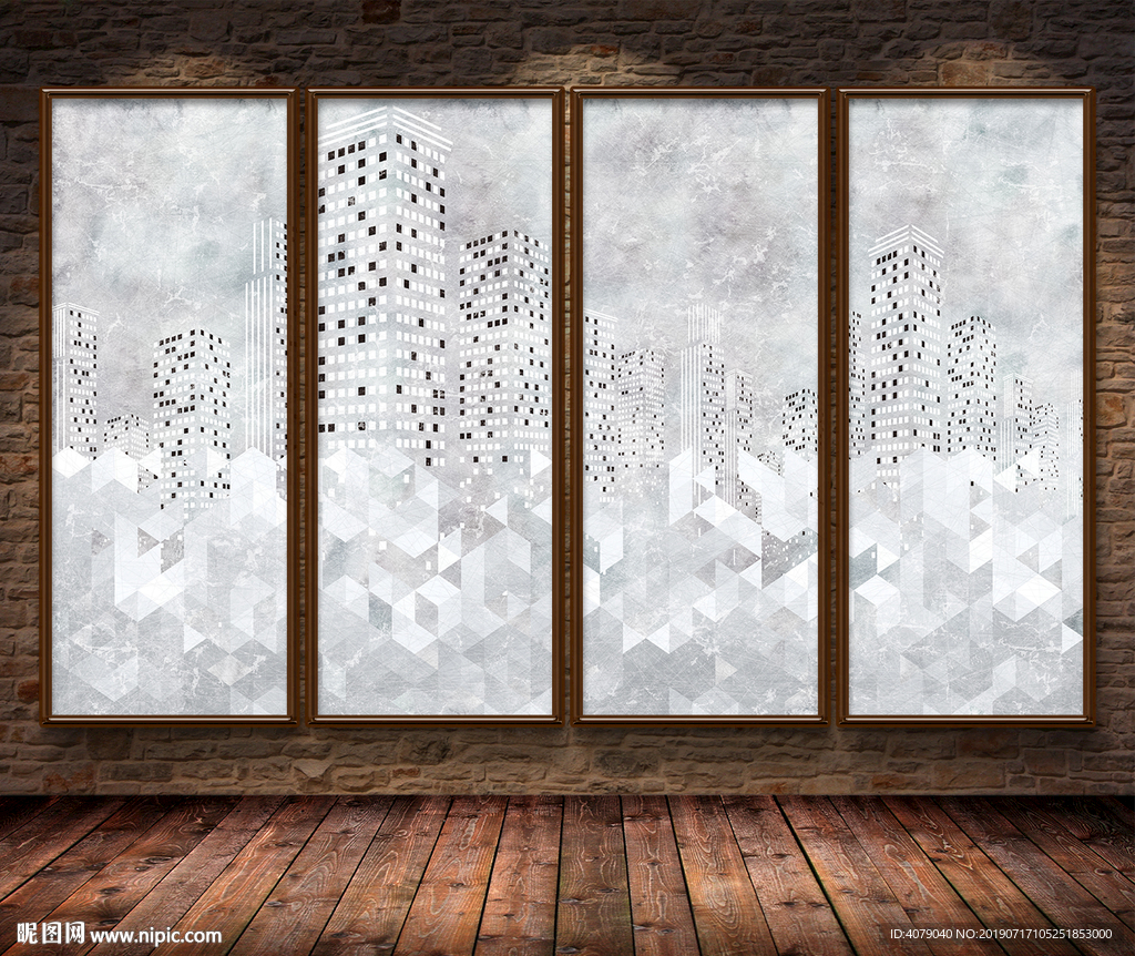 北欧抽象城市建筑电视背景墙