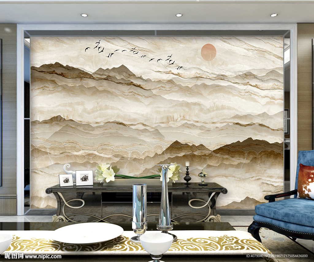 新中式大理石纹电视沙发背景墙