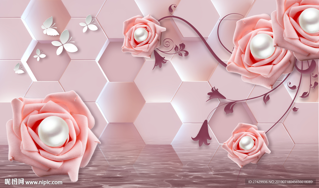 珍珠玫瑰蝴蝶几何背景立体背景墙