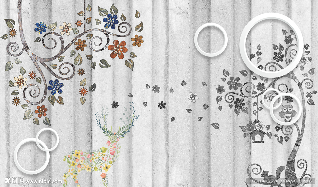 花树麋鹿圆圈砖墙北欧立体装饰画