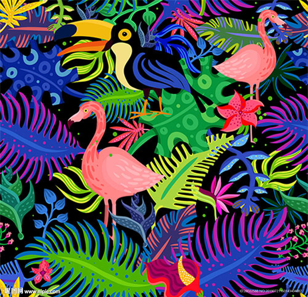 手绘热带植物火烈鸟服装印花图案