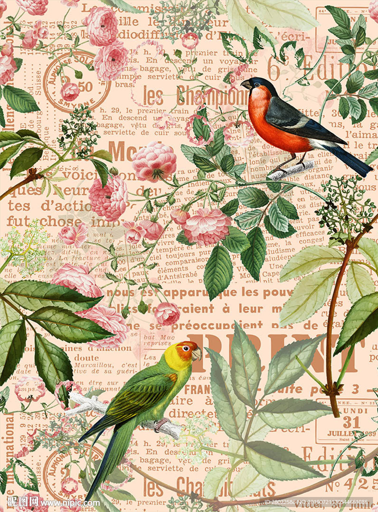 手绘花鸟陈旧报纸底纹服装图案素