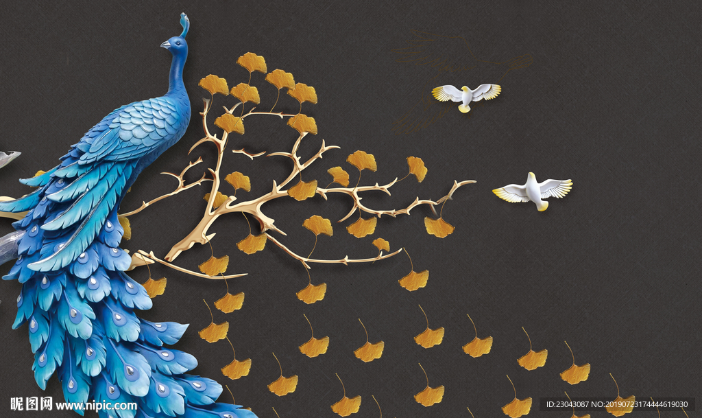 现代新中式立体孔雀背景墙