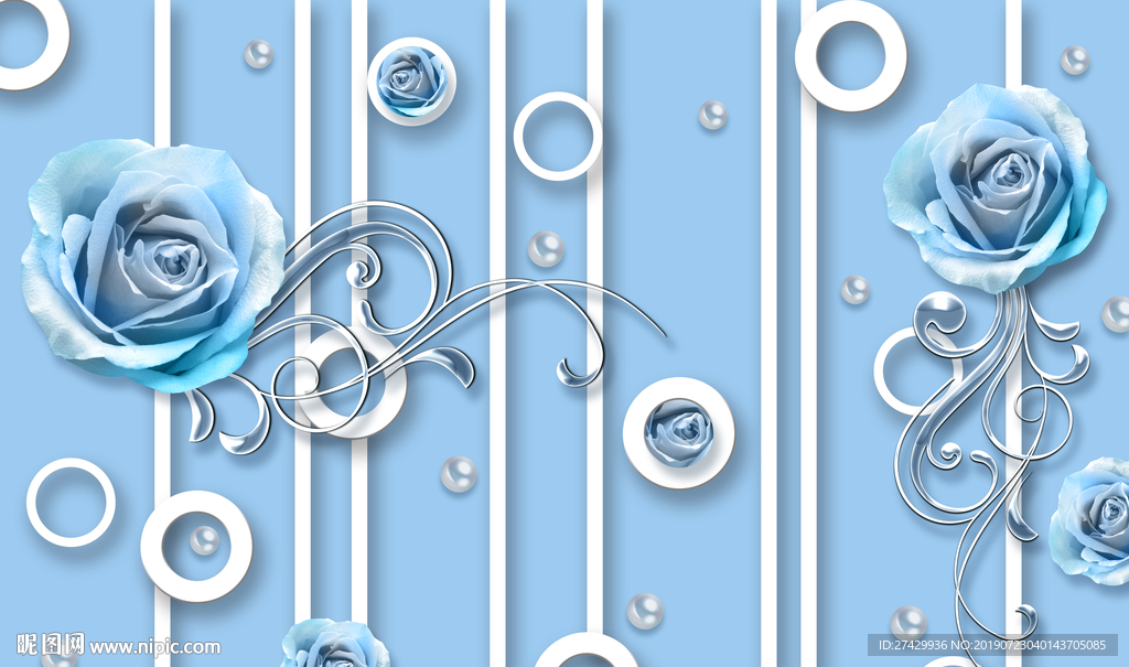 蓝玫瑰珍珠圆圈背景立体背景墙