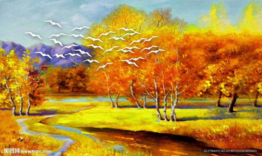 欧式树林风景油画飞鸟电视背景墙