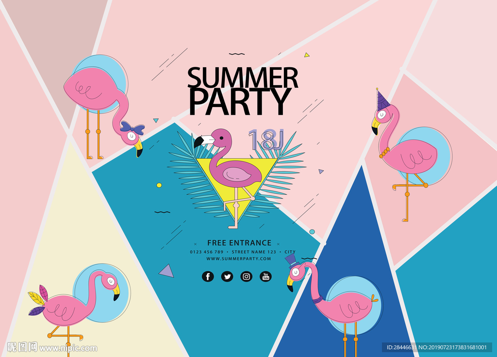 北欧卡通火烈鸟几何背景墙