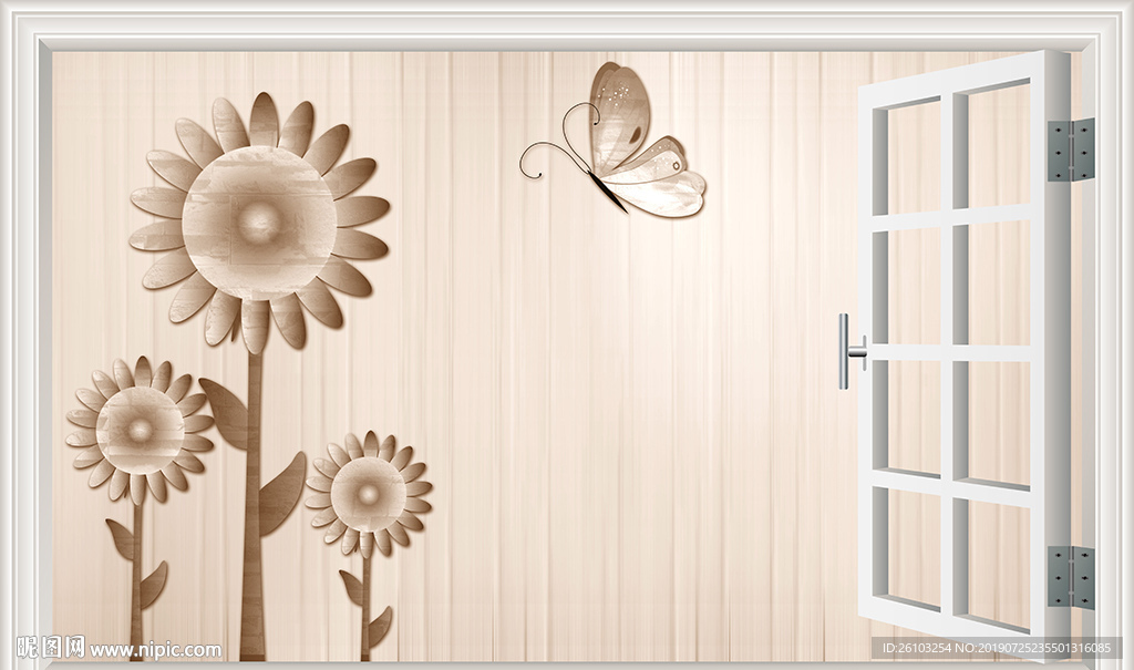 窗外简约向日葵蝴蝶电视背景墙