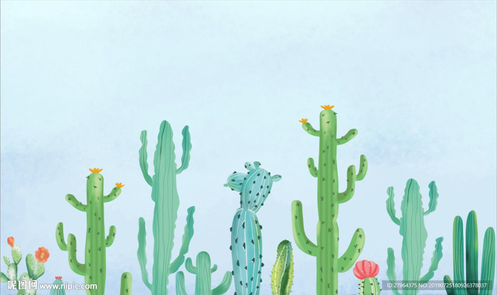 北欧小清新手绘水彩仙人掌背景墙