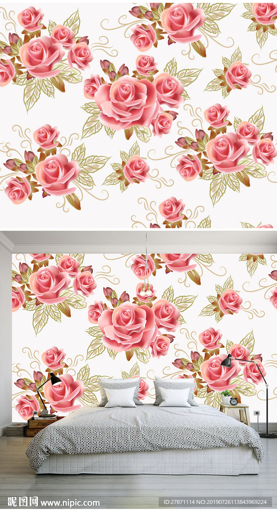 浪漫粉色玫瑰花矢量卧室背景墙
