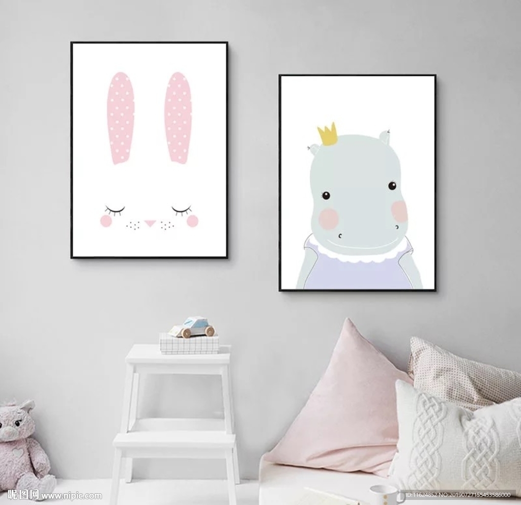 现代简约手绘卡通兔子河马装饰画