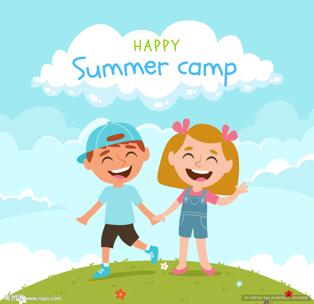 手绘夏令营儿童卡通插画设计矢量