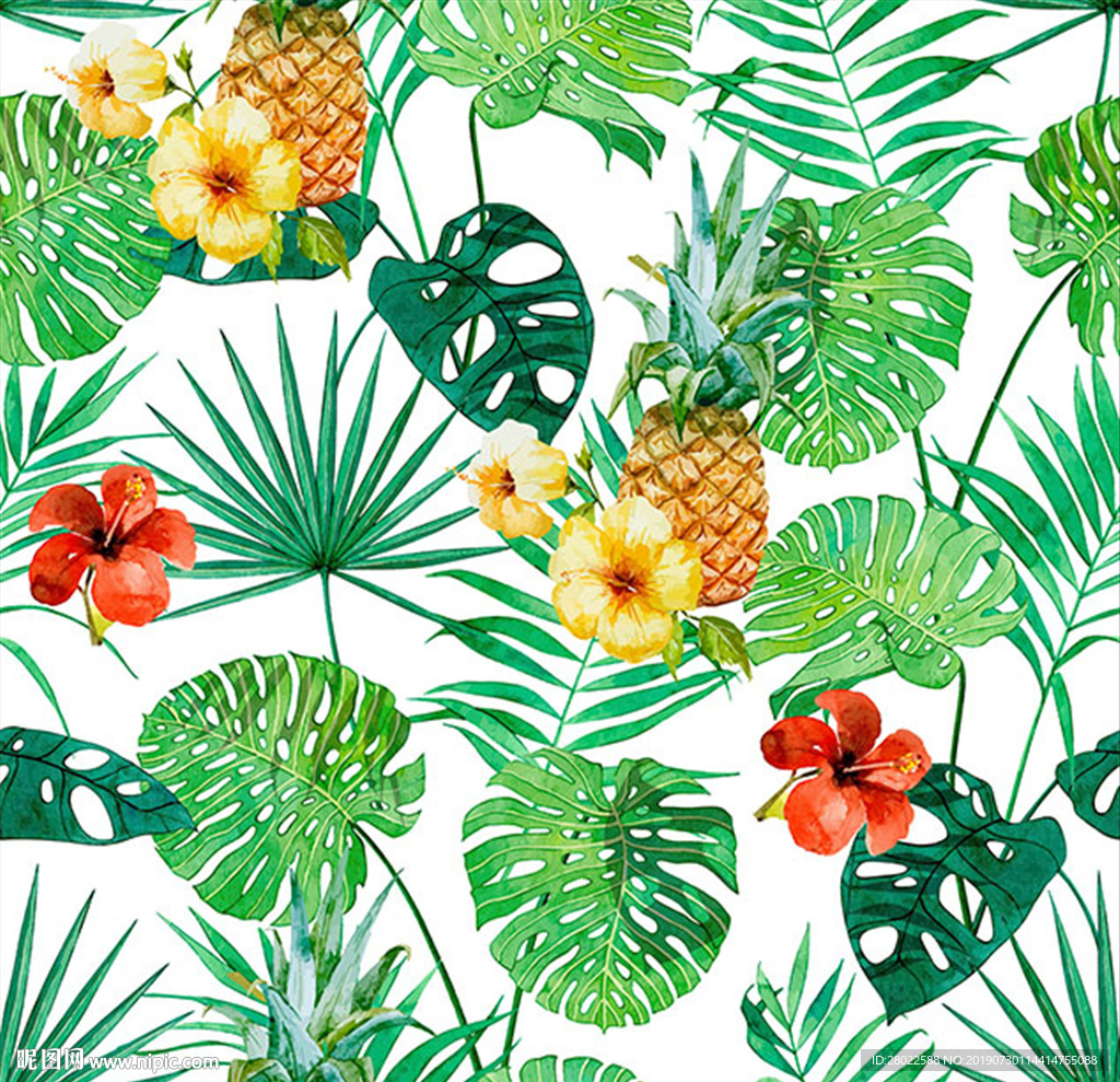 手绘热带植物花鸟服装印花图案素