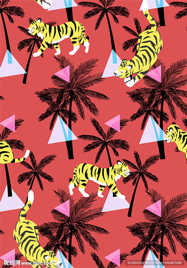 手绘椰子树老虎服装印花图案