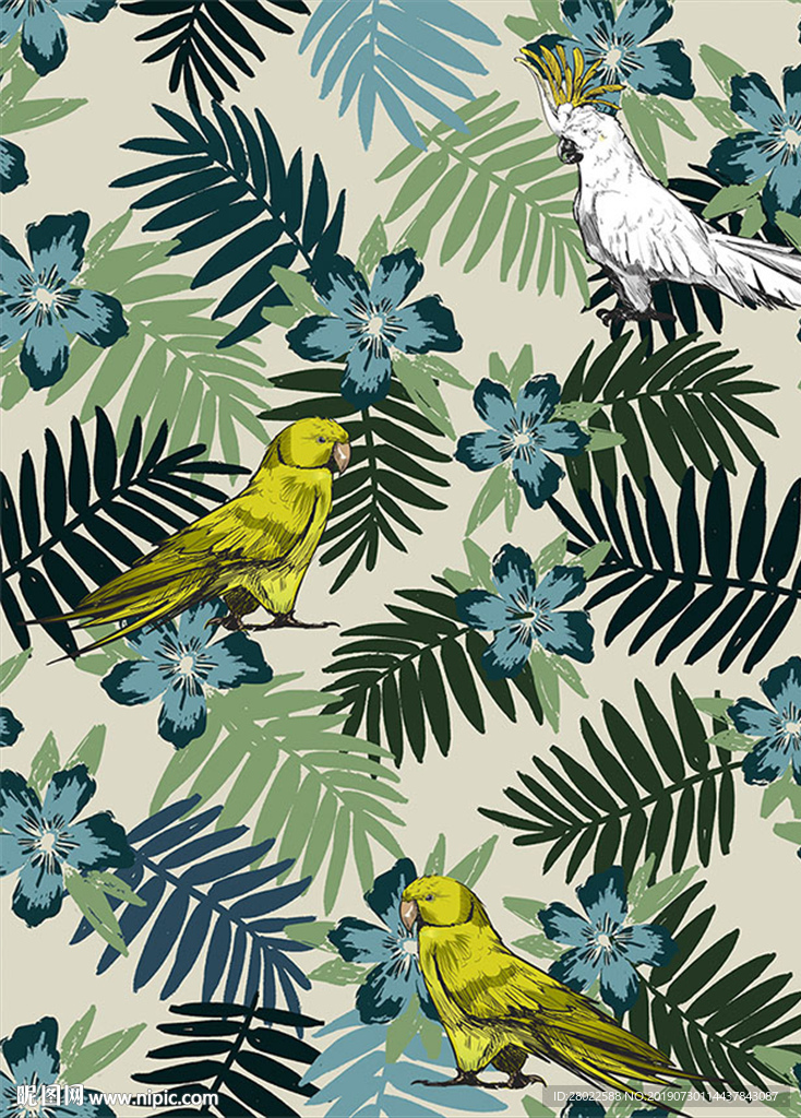 手绘热带植物花鸟服装印花图案