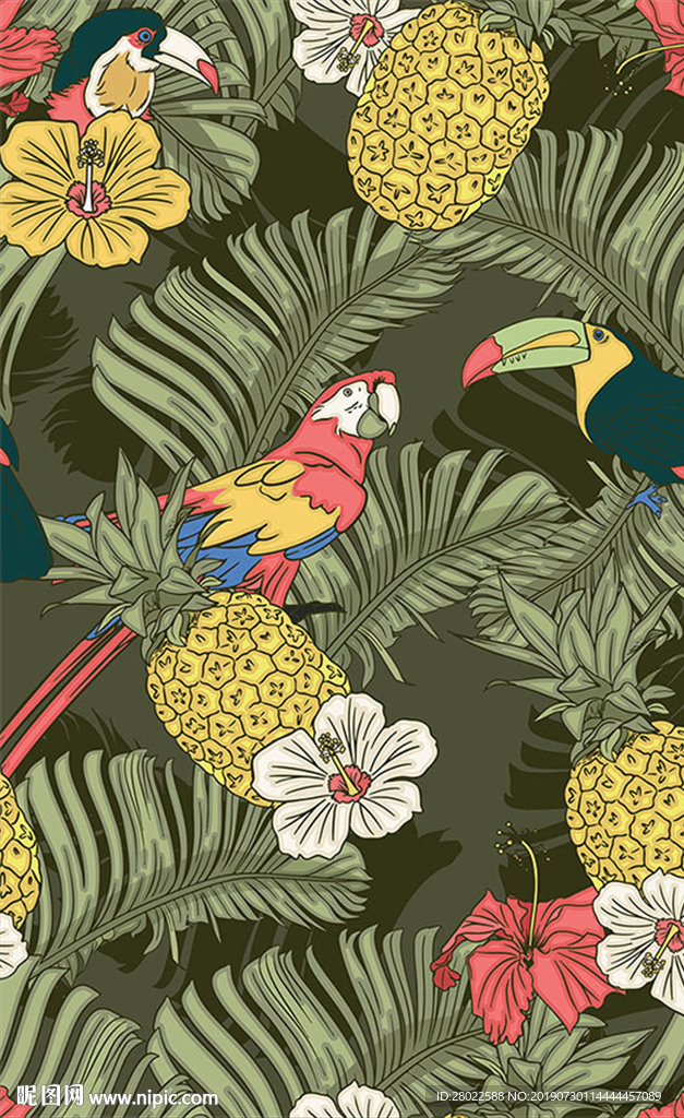 手绘热带植物花鸟服装印花图案素