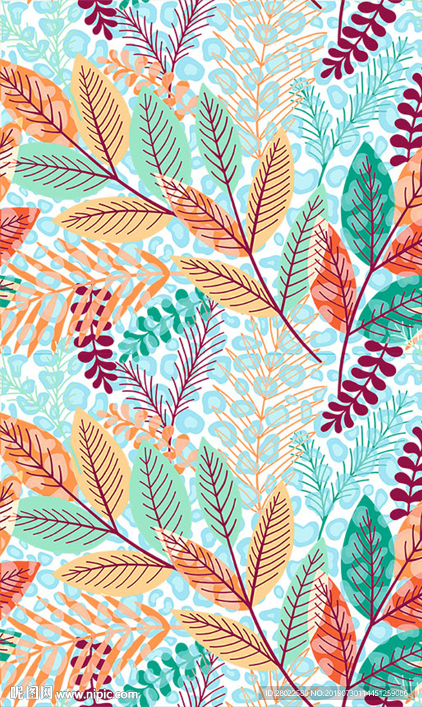 手绘抽象树叶豹纹底纹数码印花