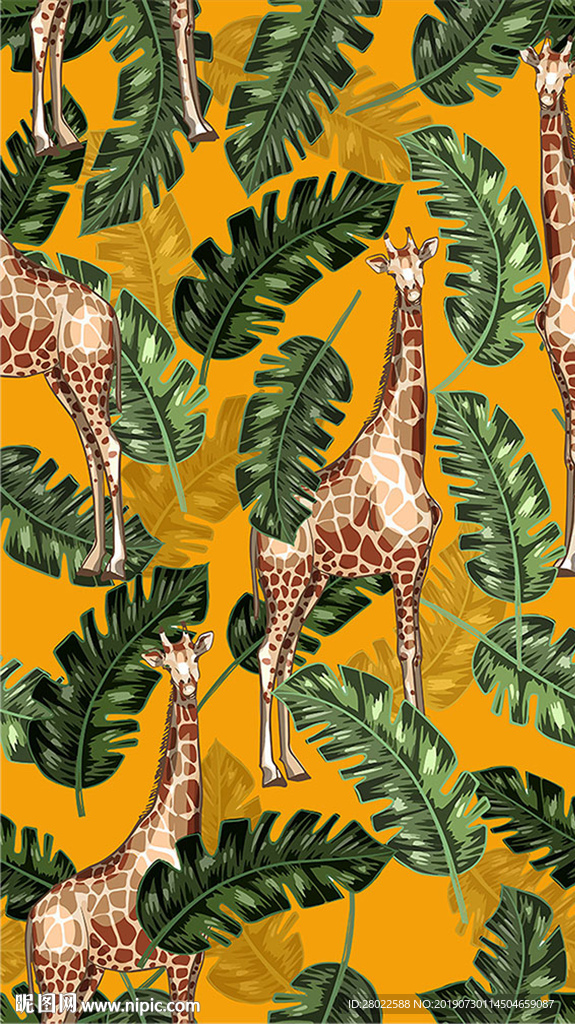 手绘热带植物长颈鹿服装印花图案