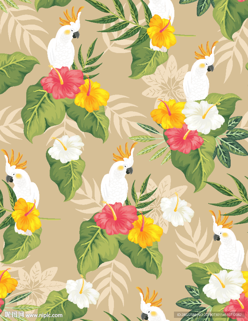 手绘热带植物花鸟服装印花图案素