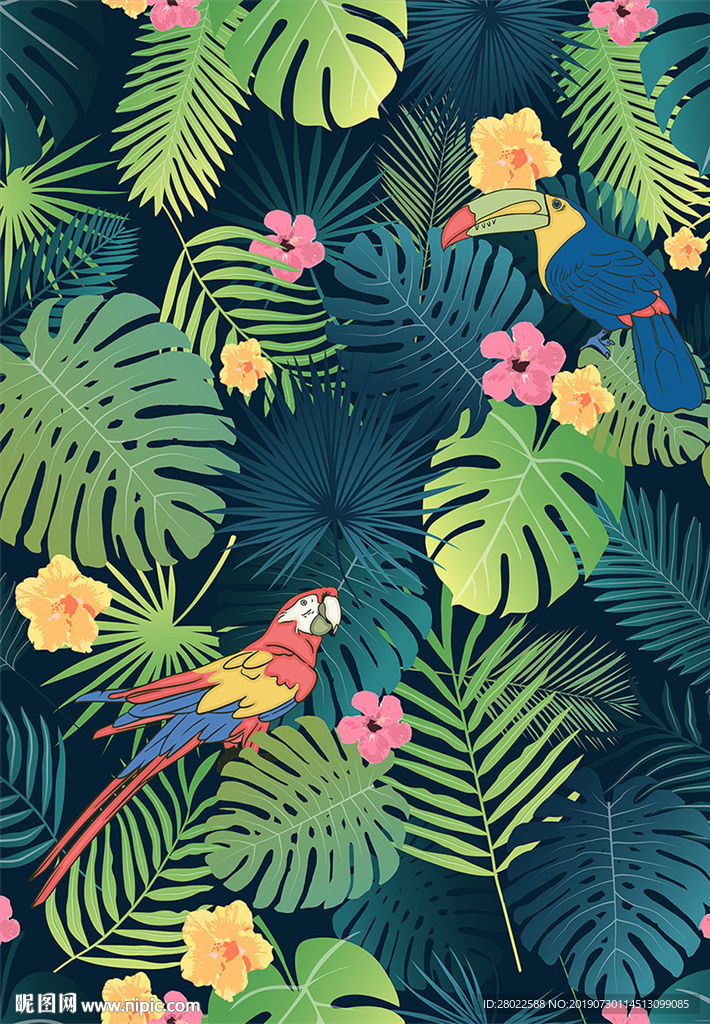 手绘热带植物花鸟服装印花图案素