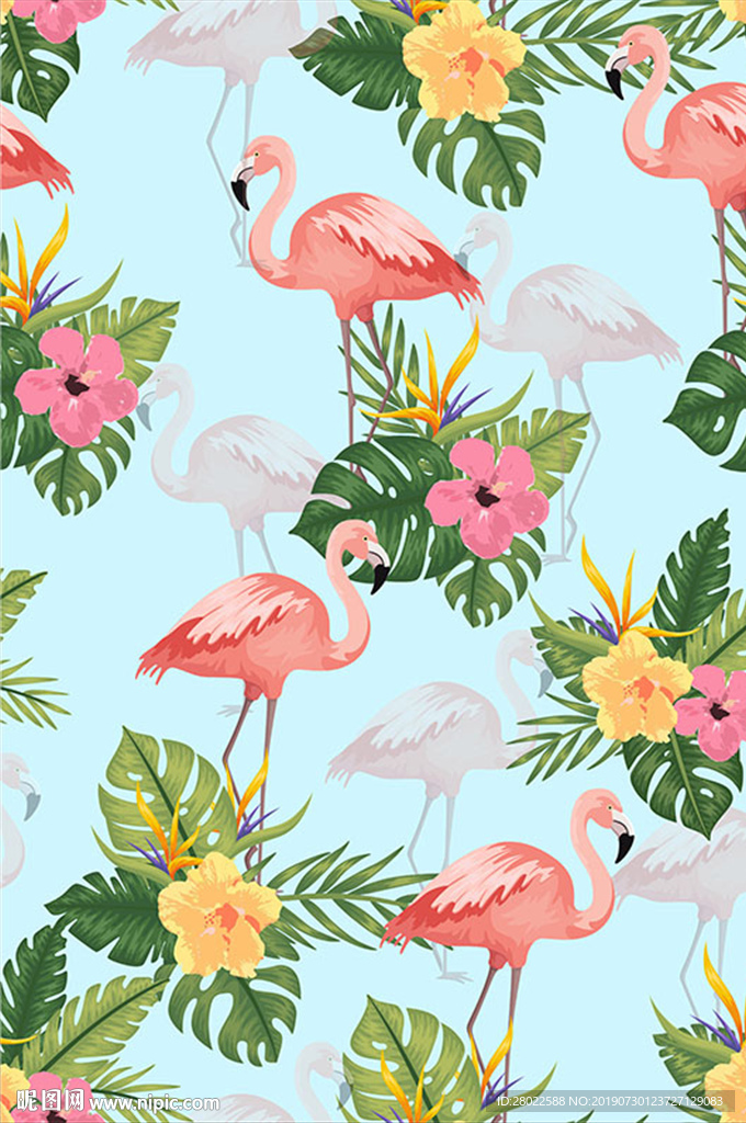 手绘热带植物火烈鸟印花图案花