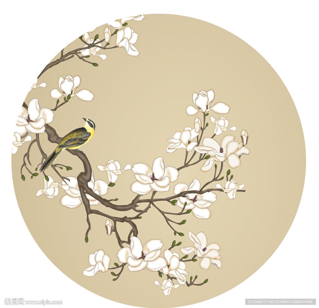 新中式花鸟玉兰图片